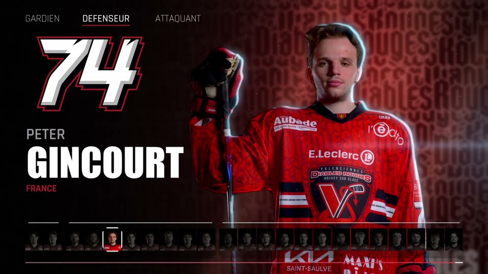 Image de la vidéo de présentation : un joueur des Diables Rouges en maillot rouge sur fond noir, avec son numéro en grand, son nom et une barre de sélection des 23 joueurs en bas de l'écran.